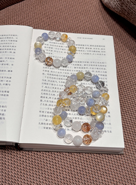 天然水晶手串白阿塞雪花幽灵黄萤石金箔胶花蓝纹玛瑙12mm手链女