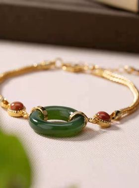 天然精品白玉平安扣手链复古中国风民族风镀金个性女士高级感手串