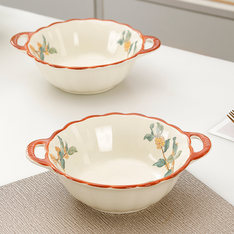 双耳碗泡面碗家用汤碗简约创意陶瓷餐具酸奶碗汤碗6.5英寸宝宝碗