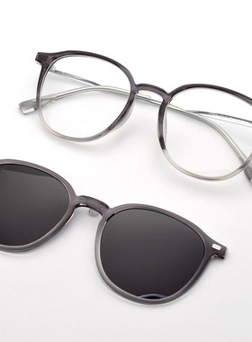 女士近视眼镜椭圆形框一镜三用透明白色眼镜框茶色带磁吸偏光墨镜