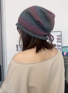 秋冬韩版慵懒风堆堆帽子女彩虹渐变色针织帽显脸小包头冷帽保暖