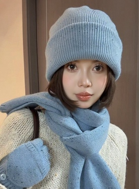 冬季纯羊毛针织帽手套围巾三件套保暖时尚百搭高级感帽子女绿色