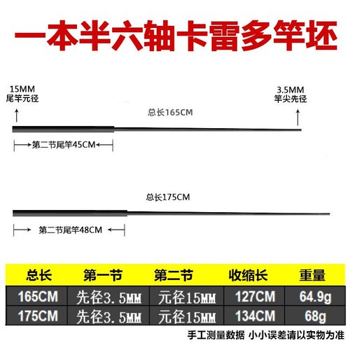 威武飞鱼一本半六轴卡雷多甲鱼竿坯素材杆一节半材料竿胚裸竿素杆 - 图0