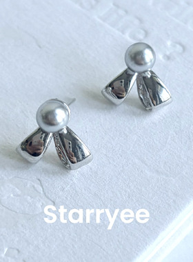 Starryee清冷灰珍珠蝴蝶结耳钉女