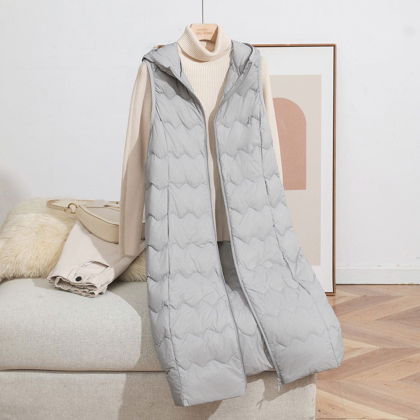 轻薄长款过膝羽绒服马甲女连帽内胆叠穿中老年人妈妈背心坎肩外套,淘宝优惠券,粉丝福利购,淘宝优惠卷
