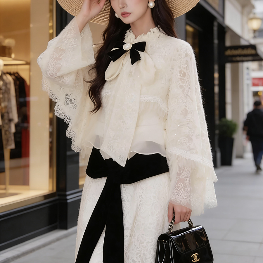 地球店「月光缪斯」法式赫本千金风蕾丝上衣披肩套装,淘宝优惠券,粉丝福利购,淘宝优惠卷
