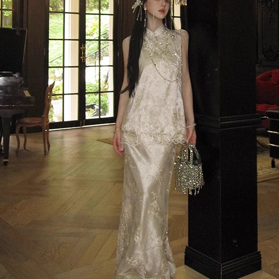 地球店【花涧绣】新中式重工蕾丝珠绣斜襟马甲+鱼尾半身裙 - 图1