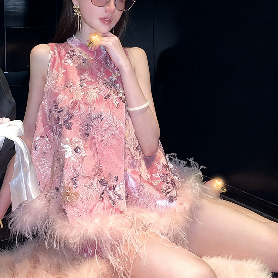 地球店【芙蓉玉露】新中式丝绒亮片刺绣斜襟马甲+短裙套装,淘宝优惠券,粉丝福利购,淘宝优惠卷