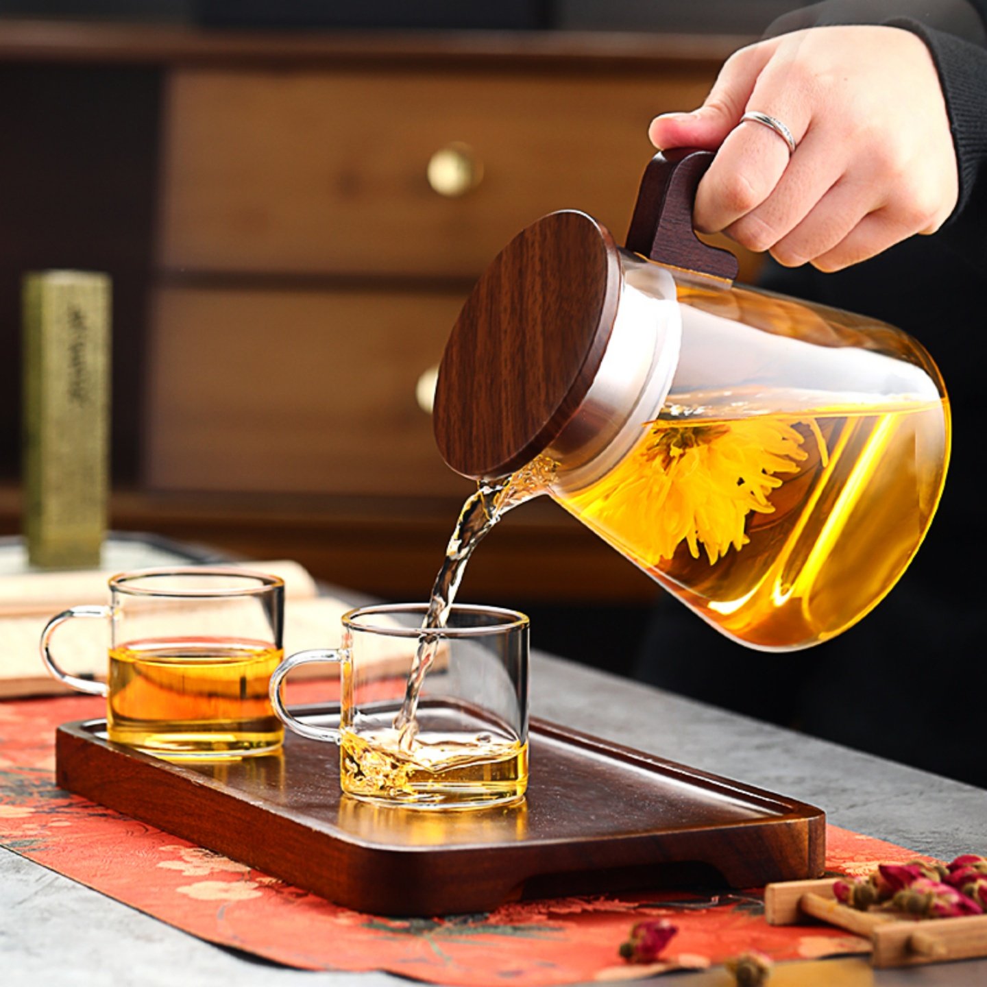 耐热玻璃泡茶壶煮茶壶胡桃木把新中式茶壶茶具套装简约实用大方,淘宝优惠券,粉丝福利购,淘宝优惠卷