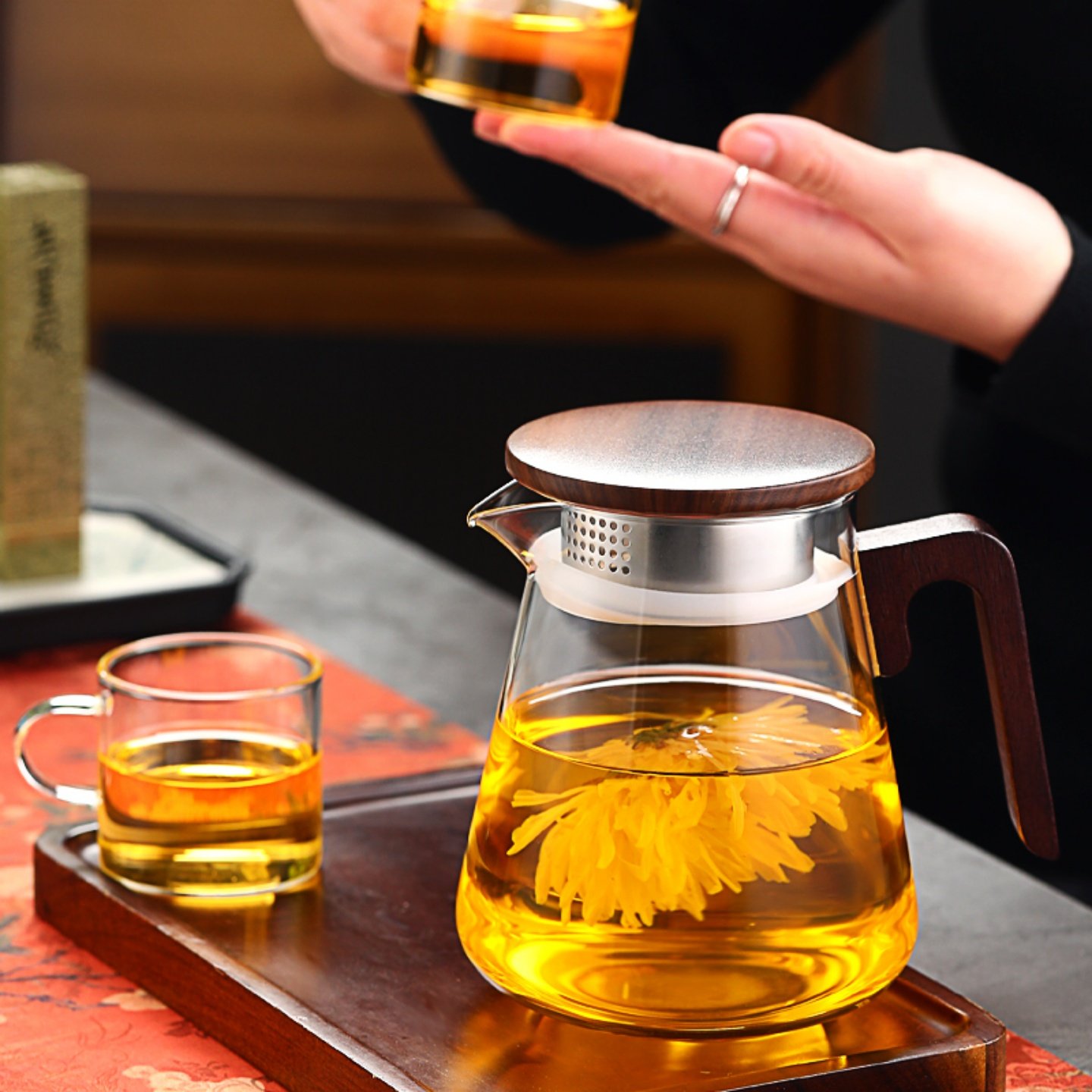 耐热玻璃泡茶壶煮茶壶胡桃木把新中式茶壶茶具套装简约实用大方,淘宝优惠券,粉丝福利购,淘宝优惠卷