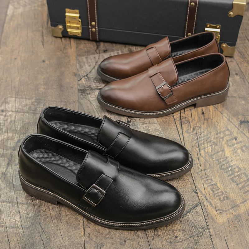 美线男鞋尖头硬底搭扣英伦乐福鞋商务休闲孟克皮鞋大码 - 图1
