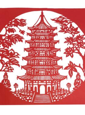 风景塔山水红色剪纸装饰宣传贴画