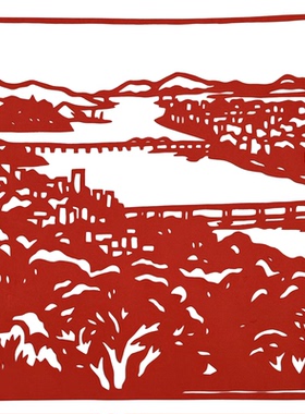 绿水红色窗花青山环保装饰画