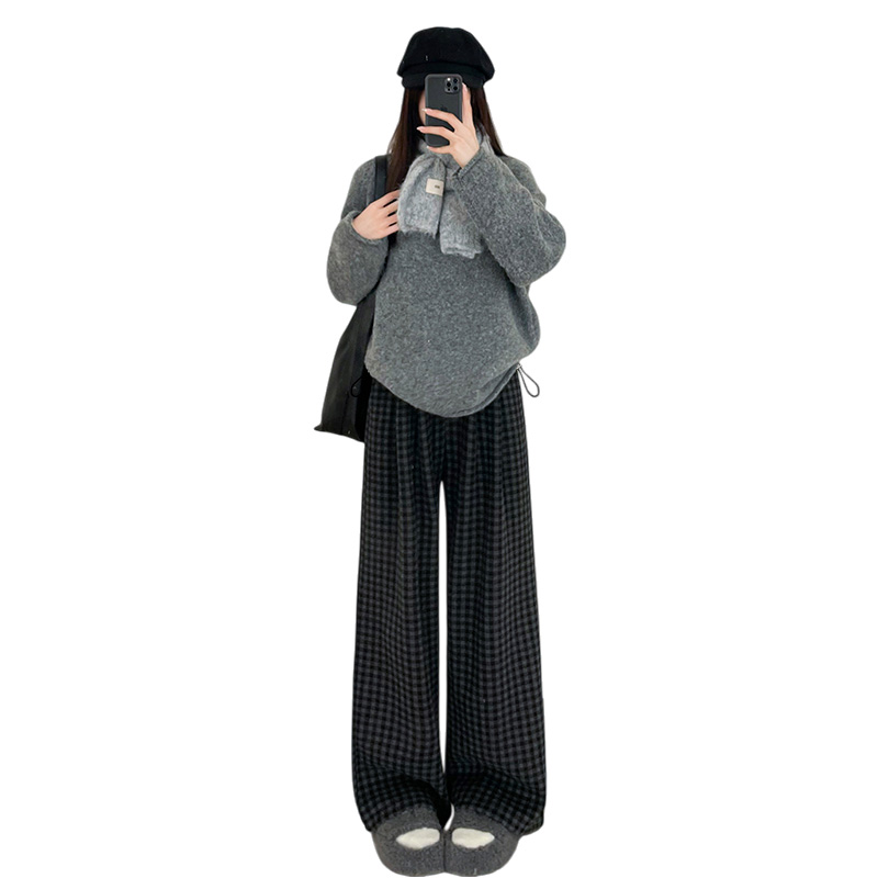 Maternity pants autumn and winter black and gray drawstring high waist plus velvet warm plaid pants straight leg loose wide leg pants women's trousers