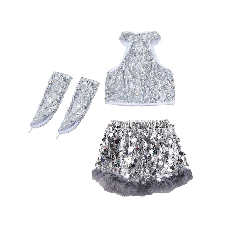 女童爵士舞亮片演出服银色无袖露脐上衣套装甜酷hiphop街舞嘻哈服,淘宝优惠券,粉丝福利购,淘宝优惠卷