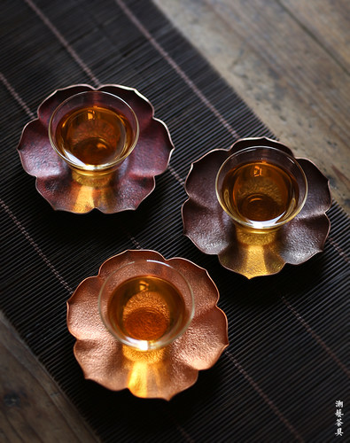 手工铜杯垫 日本杯托锡 银紫铜 茶托莲花奉隔热垫 金工茶道配件 - 图1