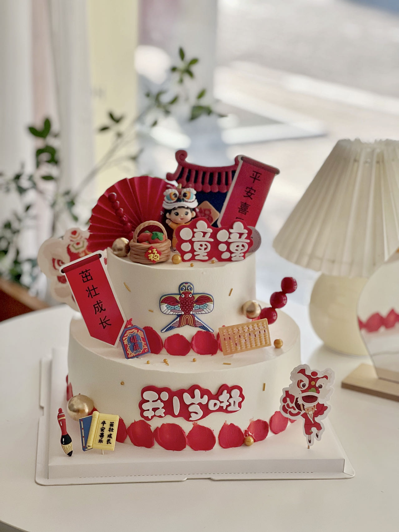 中式舞狮醒狮蛋糕装饰国潮风宝宝一周岁满月百天生日宴甜品台插件 - 图1