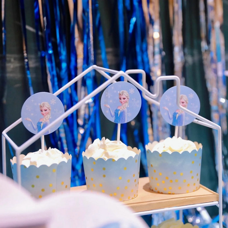 冰雪奇缘甜品台装饰生日布置蓝色系爱艾莎公主蛋糕插件推推乐贴纸 - 图0