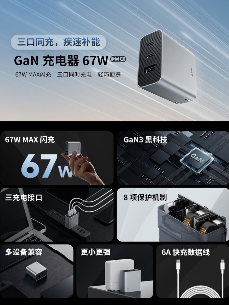 ZMI67W三口氮化镓GaN充电器插头PD快充适用小米苹果15手机笔记本 - 图0