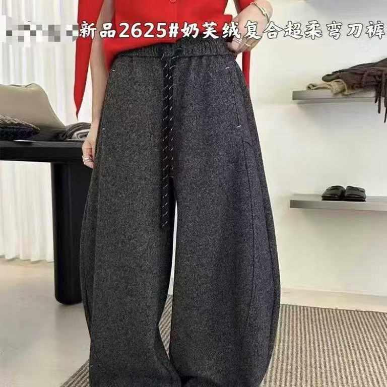 奶芙绒阔腿裤女冬季新款松紧腰抽绳宽松显瘦百搭休闲弯刀裤特0.8 - 图0