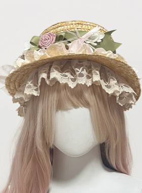 Lolita手作原创野花芳草手作小物四时花粉绿草帽发带洛丽塔配饰