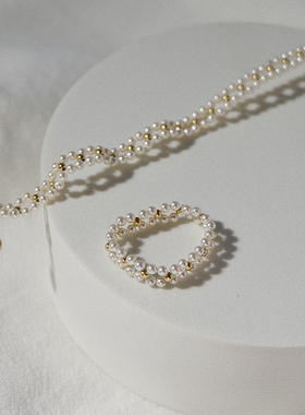 UNELGE女珍珠包金高级编织戒指