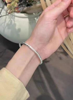 纯手工 锤纹银手镯 足银S999纯银细手镯开口银手环男女生情侣款