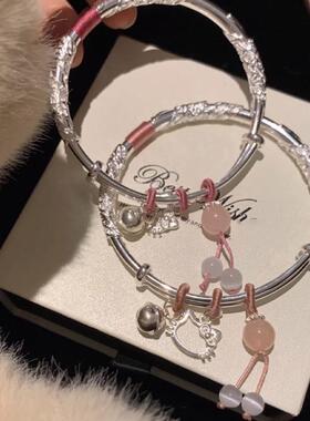 繁花似锦银手镯女Kitty凯蒂纯银少女小众年轻款999足银镯子送女友