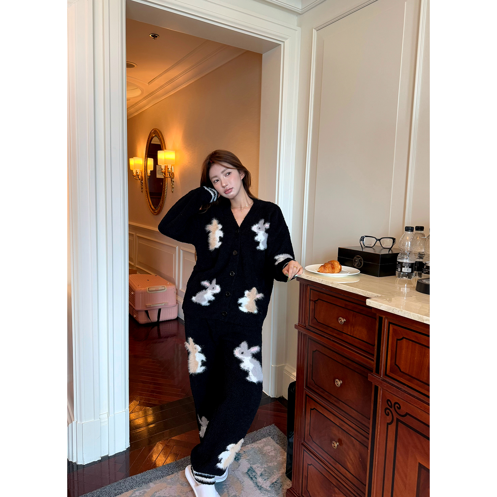 JoyceBra半边绒睡衣女冬季加厚保暖防寒卡通兔子可外穿家居服套装 - 图2