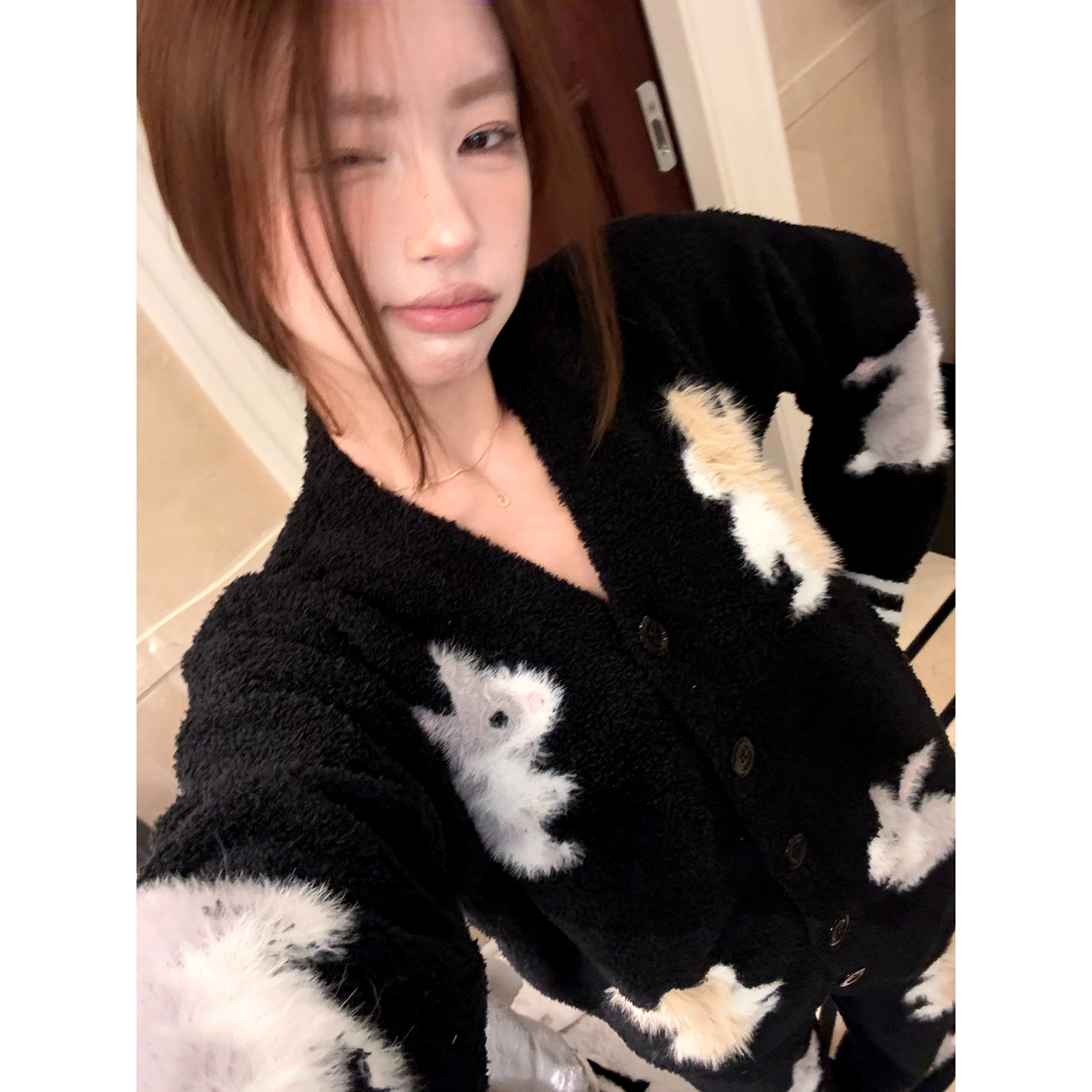 JoyceBra半边绒睡衣女冬季加厚保暖防寒卡通兔子可外穿家居服套装 - 图1