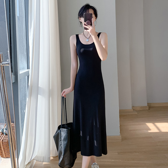 2025夏季莫代尔圆领法式背心过膝长裙温柔百搭黑色显瘦连衣裙女潮
