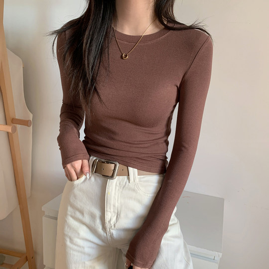 Autumn and winter American-style gray right-shoulder shirt, long-sleeved T-shirt for women, brushed plus thin velvet inner, bottoming, slim fit, versatile top