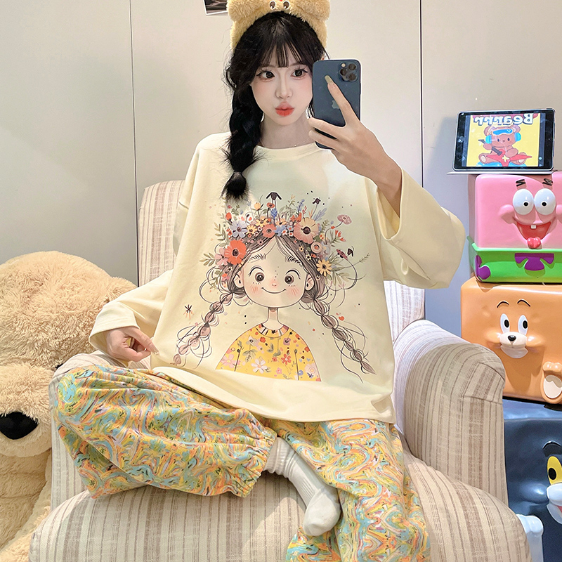 晚眠带胸垫睡衣女款春秋长袖套头卡通2025年新款秋冬季家居服套装 - 图1