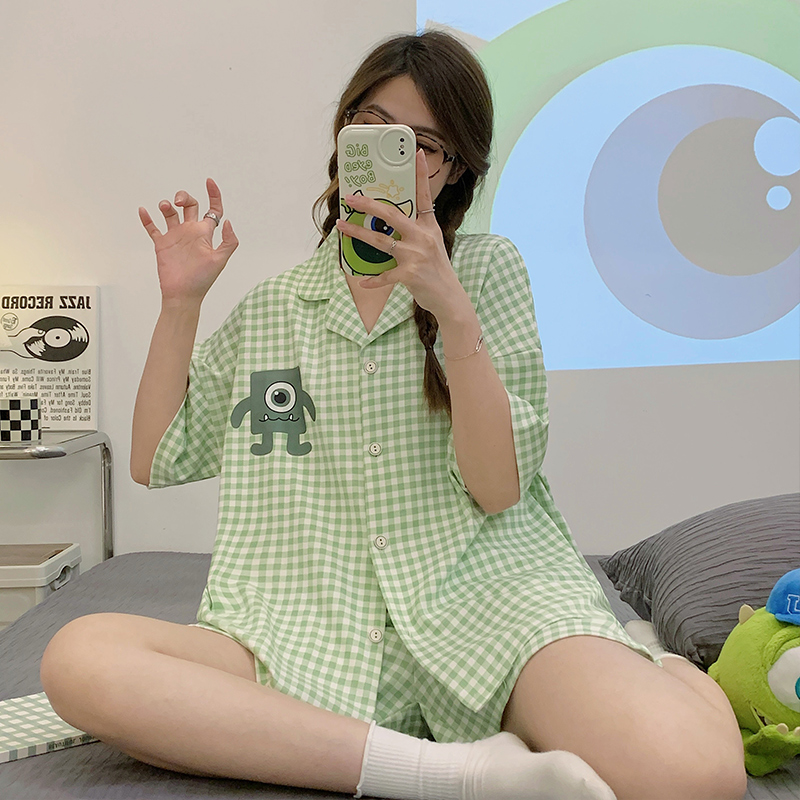 带胸垫睡衣女夏季纯棉短袖2022年新款少女夏天大码两件套装春秋 - 图0