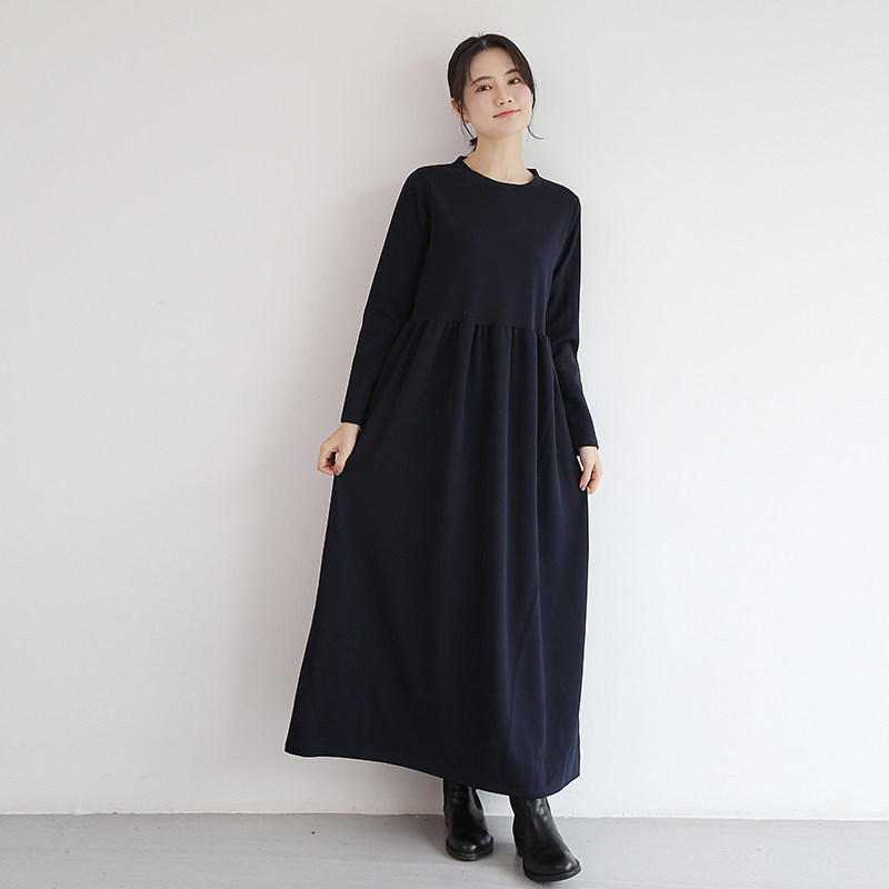 秋冬季韩版新款气质长袖长裙女纯色圆领宽松大裙摆过膝高腰连衣裙,淘宝优惠券,粉丝福利购,淘宝优惠卷