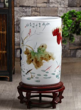 手绘秋荷书画缸新中式字画收纳桶