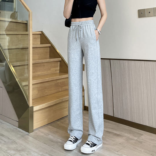 Versión negra estrecha pantalones deportivos de patas rectas para mujeres con cintura alta caída verano delgada algodón puro alargado de gran tamaño alto casual