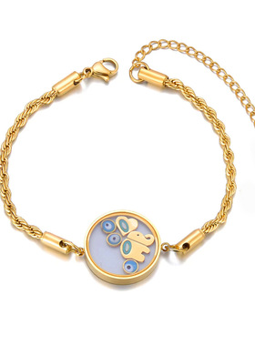 NVOXS复古气质个性圆牌大象眼睛钢手链麻花l链镀金不锈钢手链女