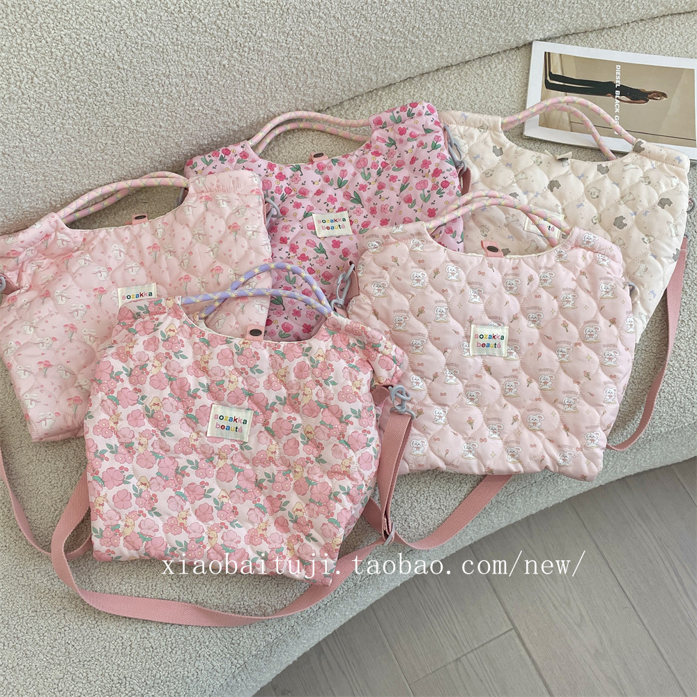 小白兔几  秋冬绗缝夹棉韩国卡通图案手拎包女手提单肩斜挎帆布袋,淘宝优惠券,粉丝福利购,淘宝优惠卷