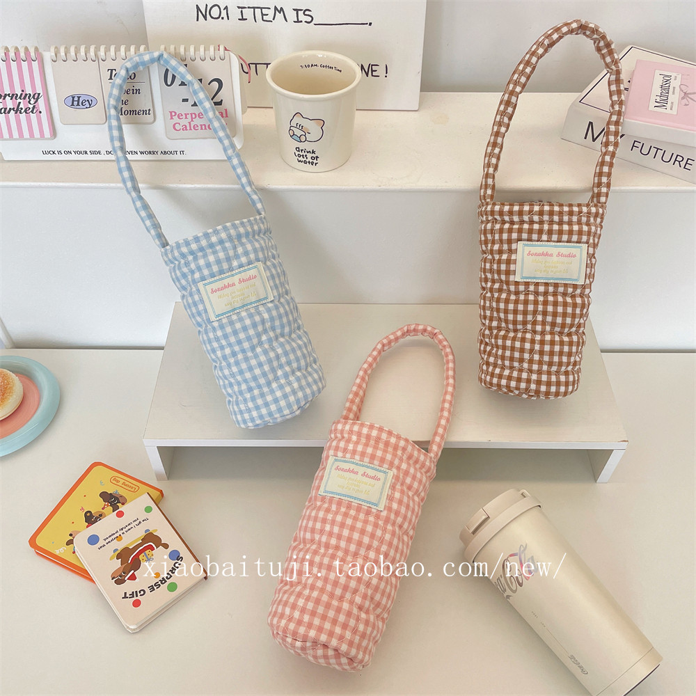 小白兔几 杯套手提小拎包夹棉格子水杯袋防烫柔软便携水杯奶茶袋,淘宝优惠券,粉丝福利购,淘宝优惠卷