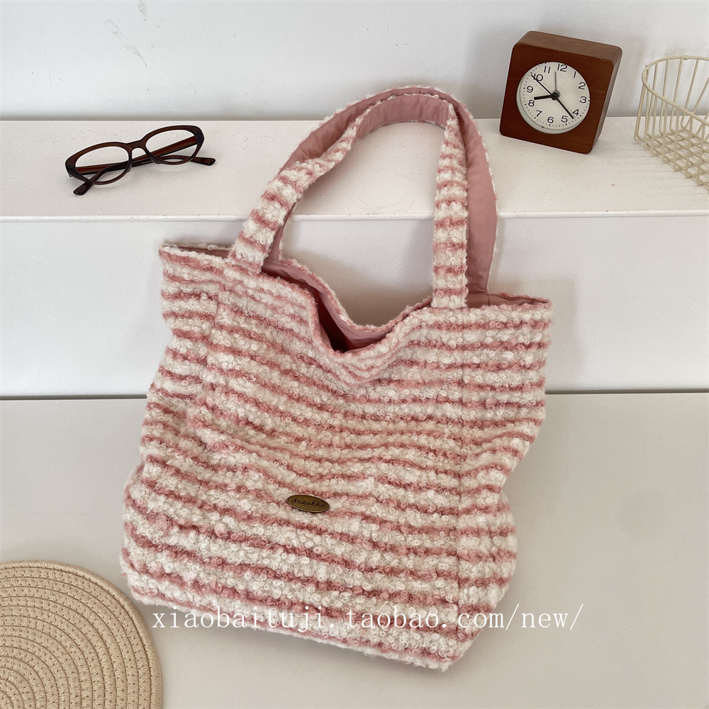 小白兔几毛绒粉条纹双面单肩包女手提包印花帆布包正反两用帆布袋,淘宝优惠券,粉丝福利购,淘宝优惠卷