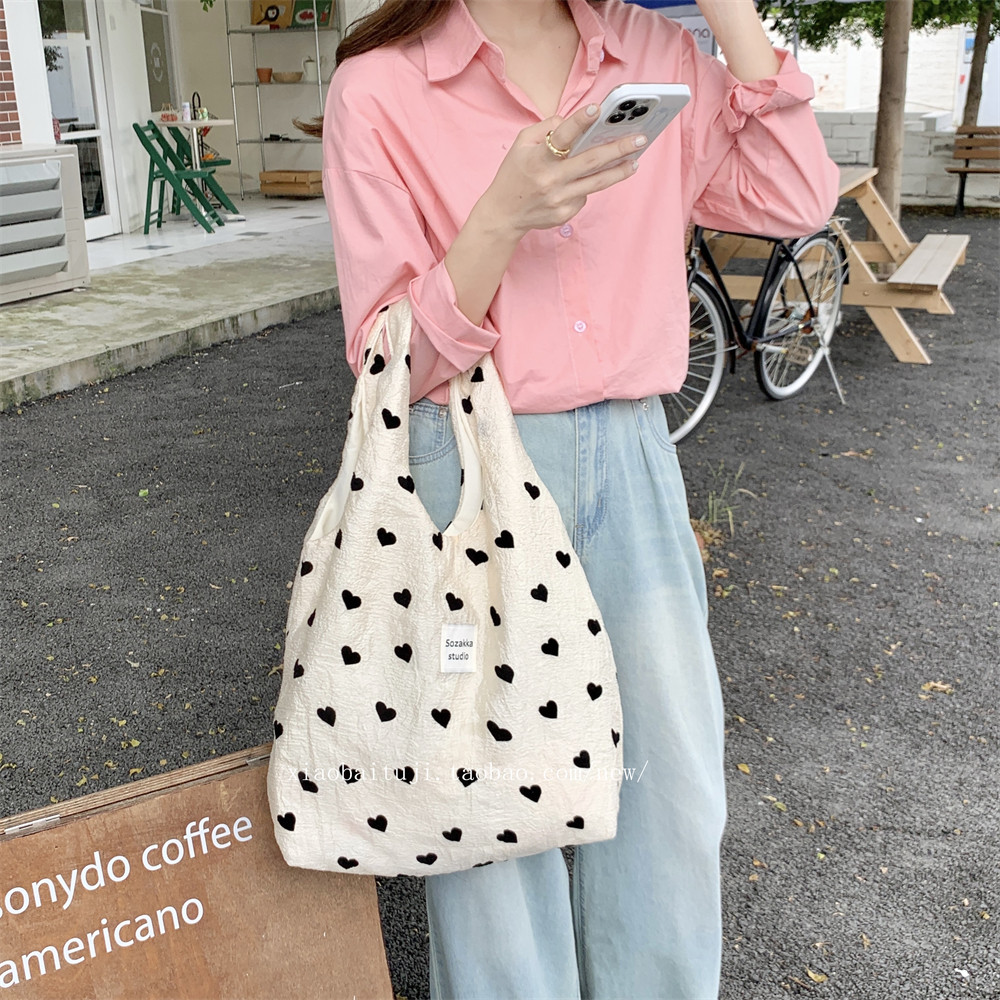 小白兔几 新款纹理爱心帆布单肩背心包大容量手提包女腋下小挎包,淘宝优惠券,粉丝福利购,淘宝优惠卷