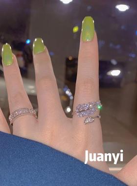 东大门新款麦穗戒指女超闪锆石树叶开口可调节食指戒网红爆款指环