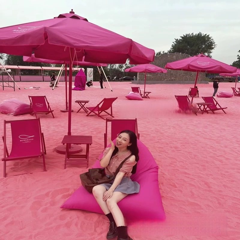 网红玫红粉色海边沙滩景点遮阳伞定制户外防水懒人沙发休闲桌躺椅,淘宝优惠券,粉丝福利购,淘宝优惠卷