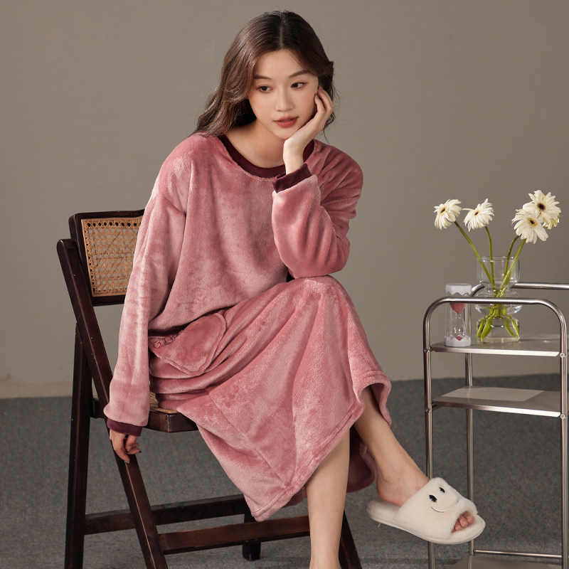 秋冬季珊瑚绒睡裙女带胸垫长袖加厚保暖睡衣长款法兰绒睡袍家居服,淘宝优惠券,粉丝福利购,淘宝优惠卷