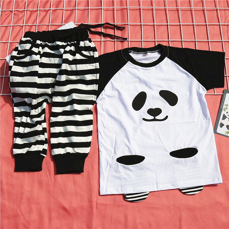 熊猫短袖夏季T恤套装条纹哈伦短裤男女儿童装四川成都旅游纪念礼