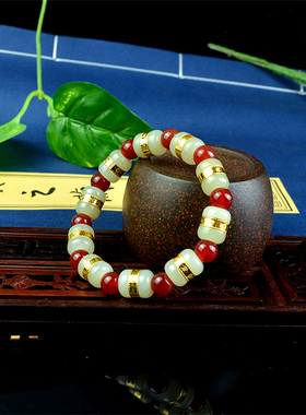 金镶玉手链路路通时来运999足金珠玛瑙黄金和田玉手串