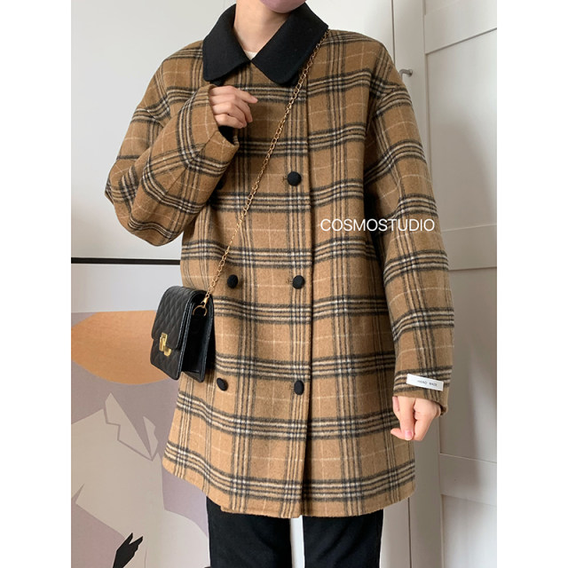 South Korea's Dongdaemun retro plaid double-sided woolen woolen coat coat for women mid-length 2025 autumn and winter new style