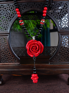 珠花蝶度复古红色玫瑰长款项链