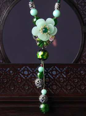 民族风毛衣链可调节花绿色挂绳